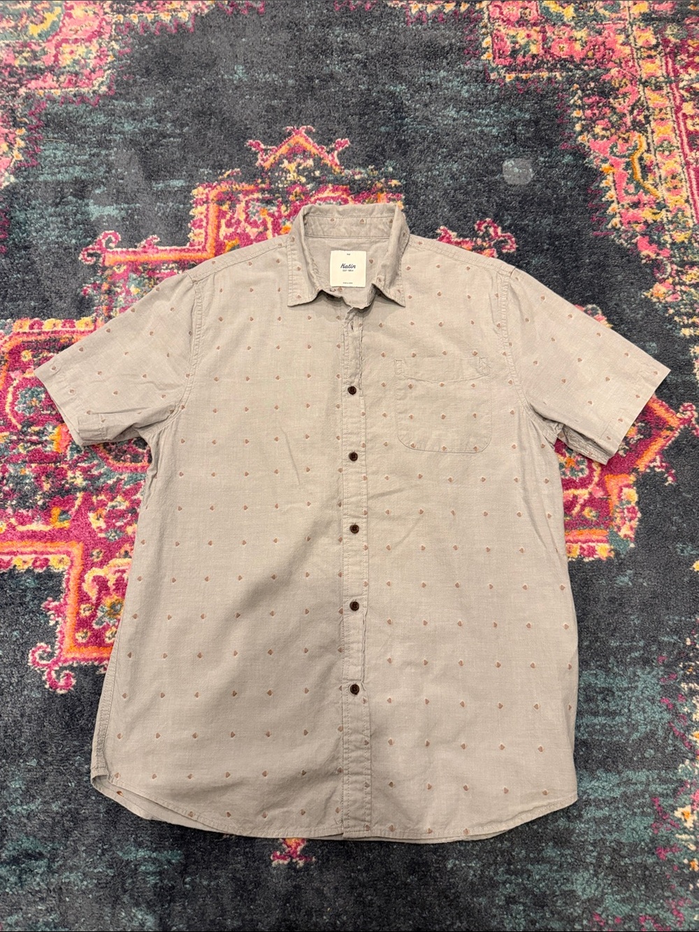 Katin Beige Short-Sleeve Button-Down Shirt with Red Dot Pattern